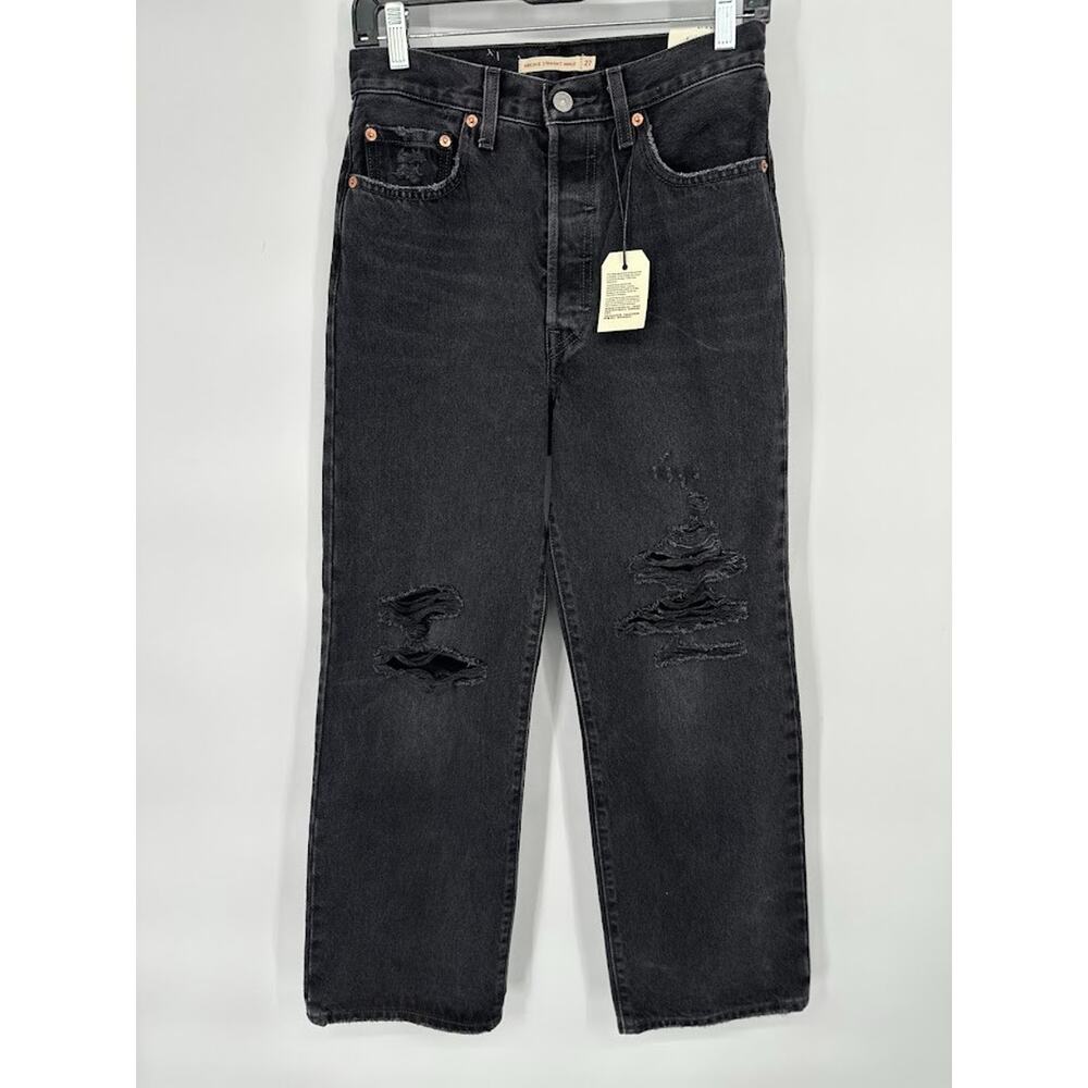 Levis Women Ribcage Straight Ankle Premium Jeans Button Fly Black Distress 27x27